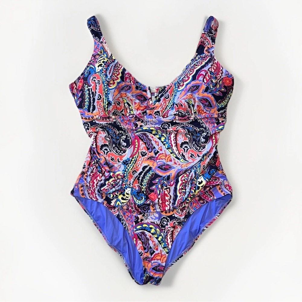 ANNE COLE Womens Plus Size 22W One-Piece Swimsuit Paisley Parade V Front Detail